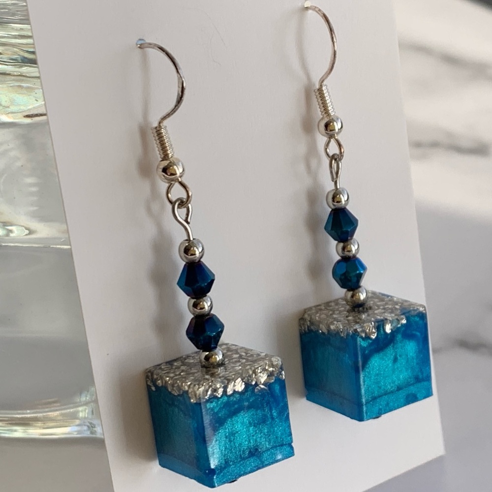 Shimmery blue cube earrings